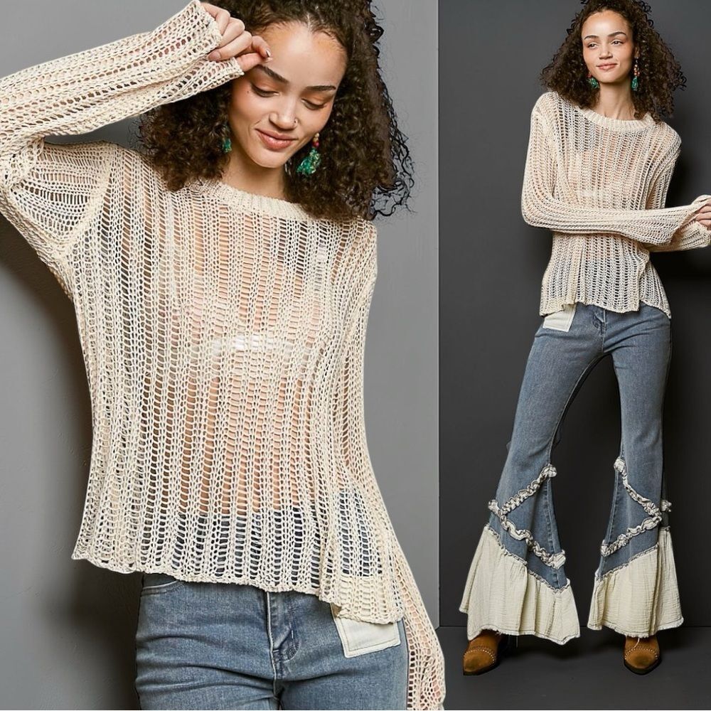 POL Crochet Sweater Open Knit Boho Lightweight Long Sleeve Cover Up Cream NEW